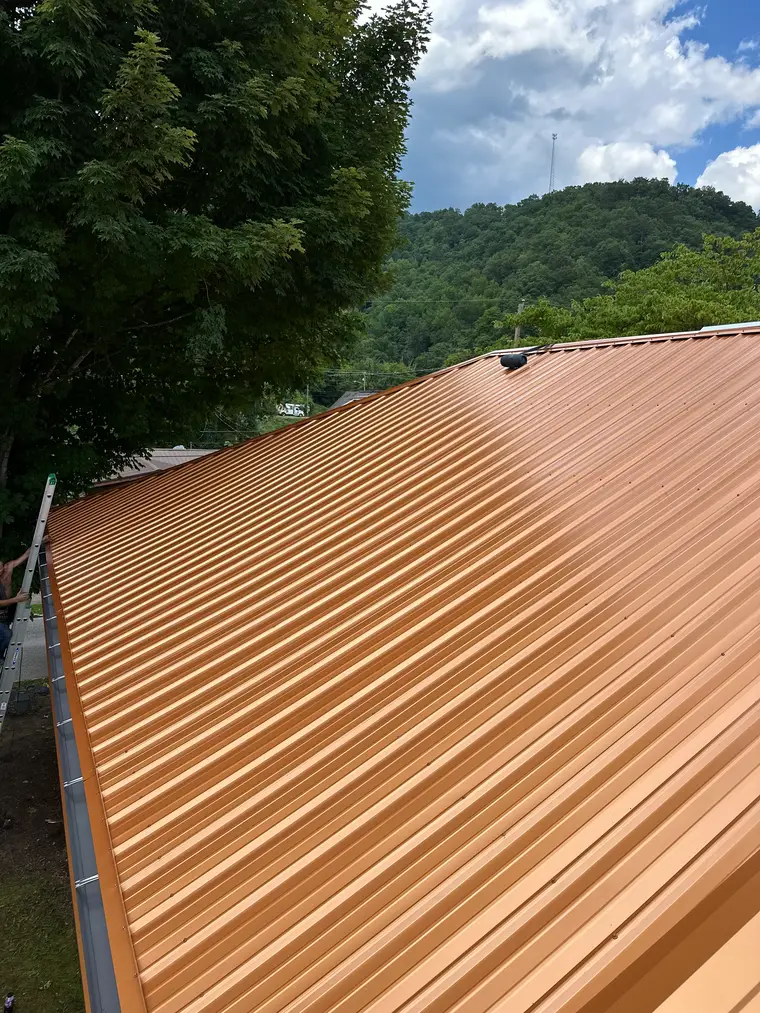 Copper-tone standing-seam metal roof on a home with a green wooded mountain rising behind it in summer