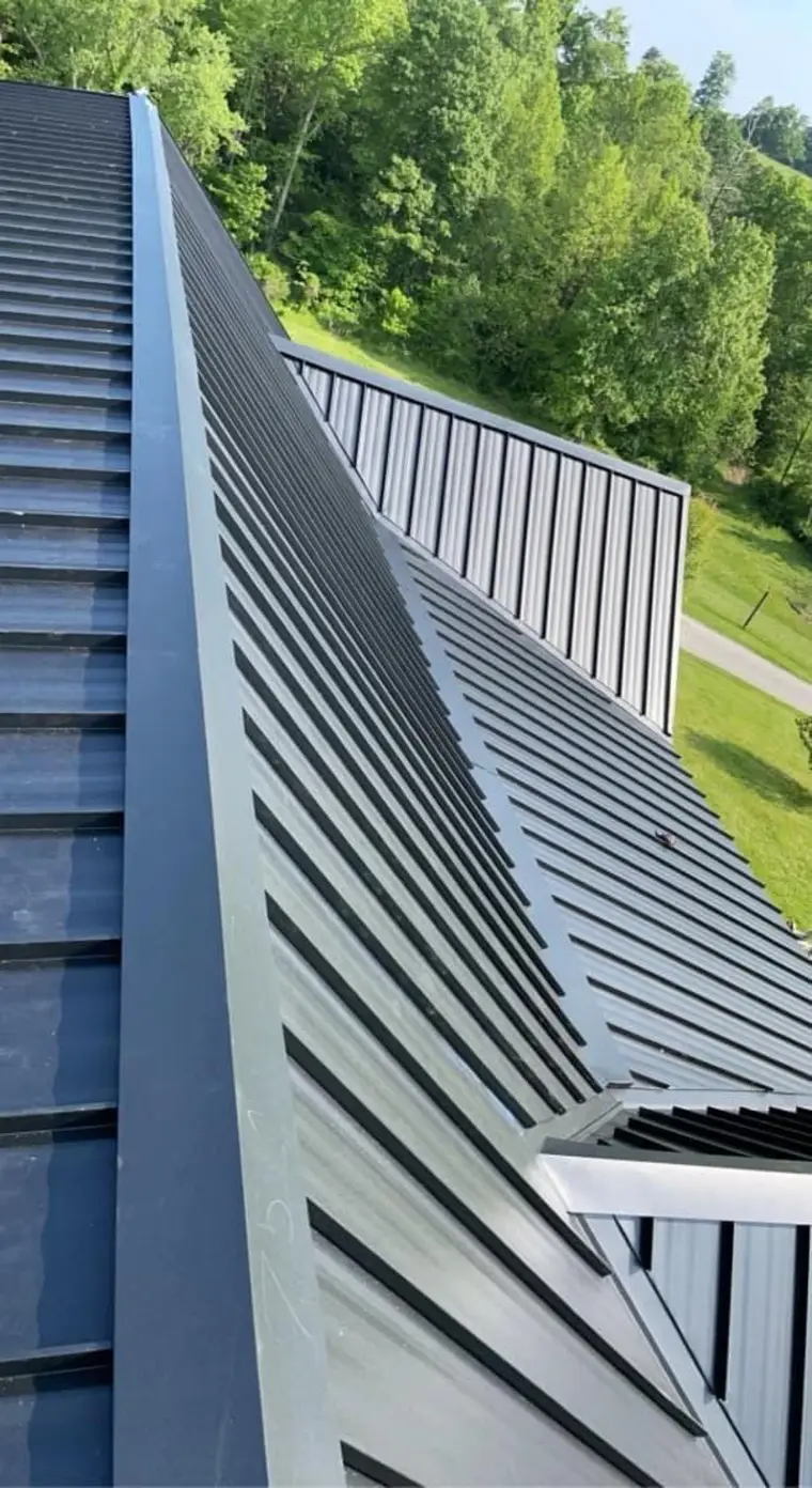 Looking down the ridge and valley of a black standing-seam metal roof toward a green lawn and hillside