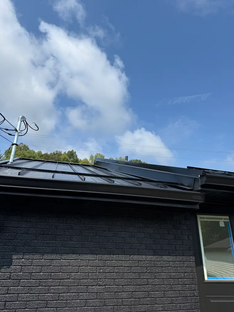 Close view of the matte-black standing-seam metal roof edge and gutter on the black brick home against a blue sky