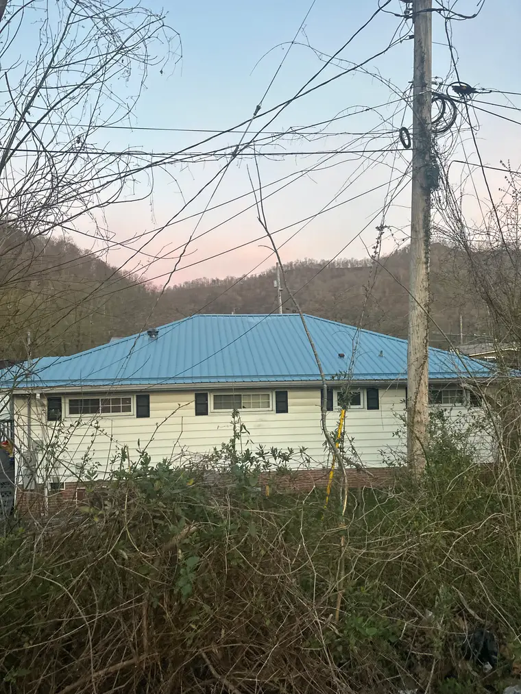 Blue metal hip roof on a white home seen across overgrown brush in a valley at dusk